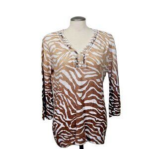 Chicos Cotton Linen Blend Top Womens US Med Brown Animal Print Soft Knit Zebra